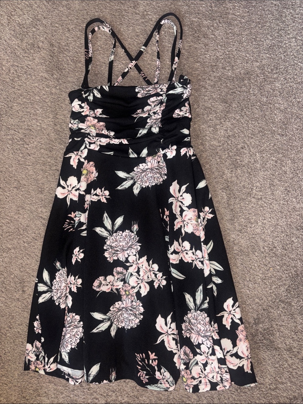 Streetwear Society Black Midi Dress with Pink Floral Print